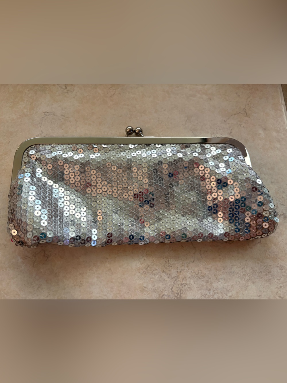 Sequin Frame Clutch Bag in Iridescent Silver